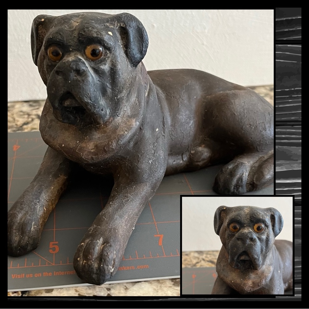Antique Cold-Painted Terracotta Mastiff-Type Dog Figurine w/ Glass Eyes